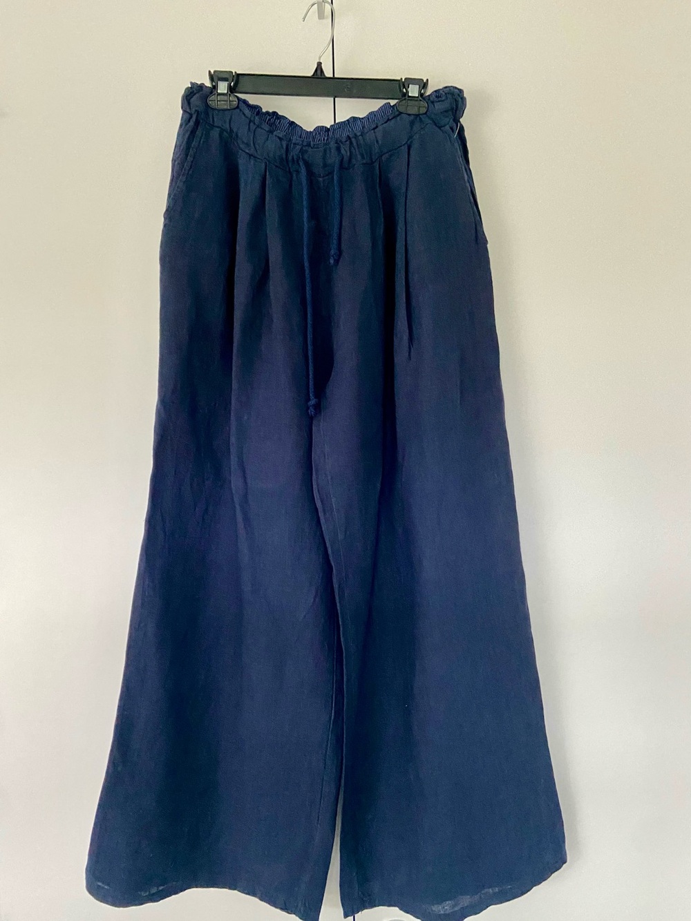 PURO LINO 100% Linen Navy Wide Leg Palazzo Pants XL Made in Italy 31 1/2” Inseam